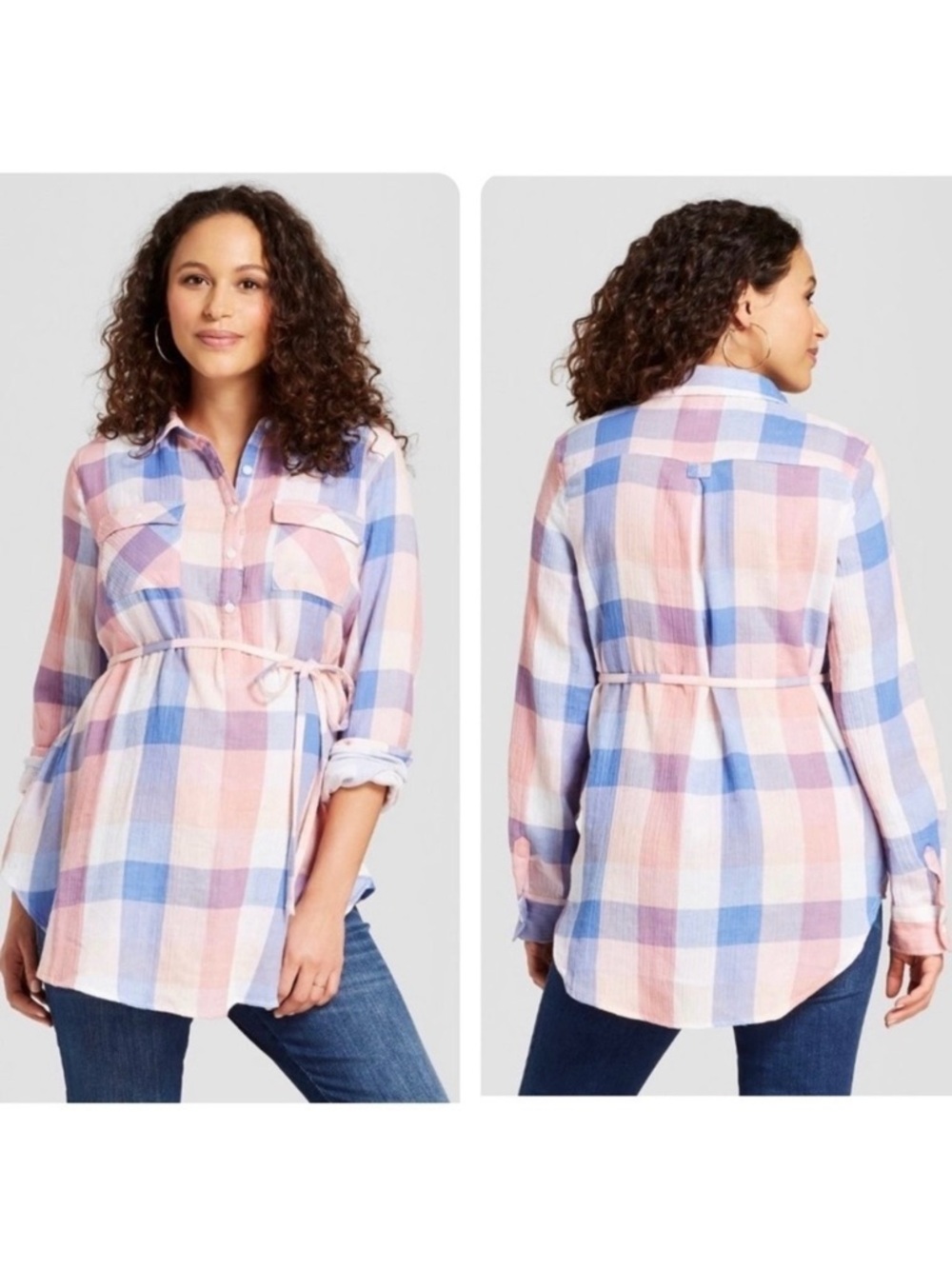 Isabel Maternity by Ingrid & Isabel Plaid Button Up Tunic Shirt Size M - Picture 2 of 9
